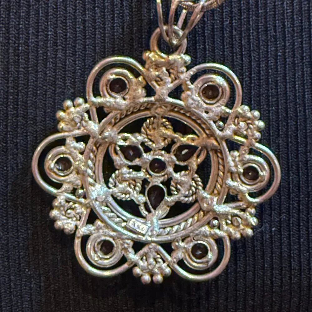 Sterling 925 and Garnet Bohemian Pendant with Sterling Silver 20 Inch Chain